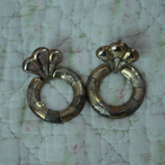 True Vintage 1990s Sterling Silver 925 Hoop Classic Abstract Earrings - Picture 1 of 3